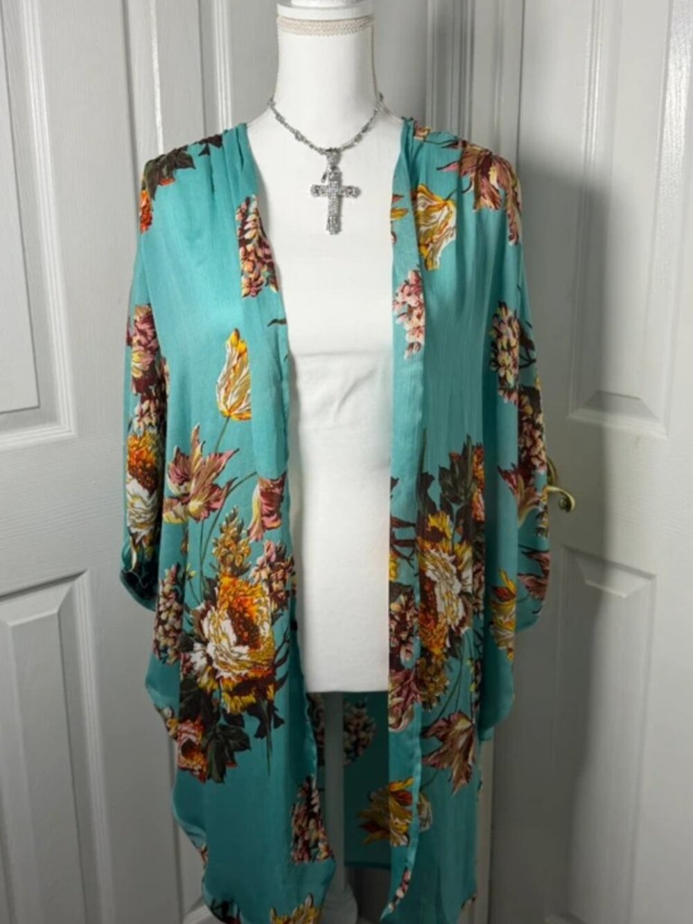 Umgee ~ Turquoise Orange Floral Kimono ~ M / L ~ VGUC